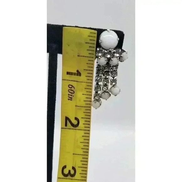 Vintage Earrings White Milk Glass & Clear Rhinestone Dangle Long Moonstone - Picture 6 of 11